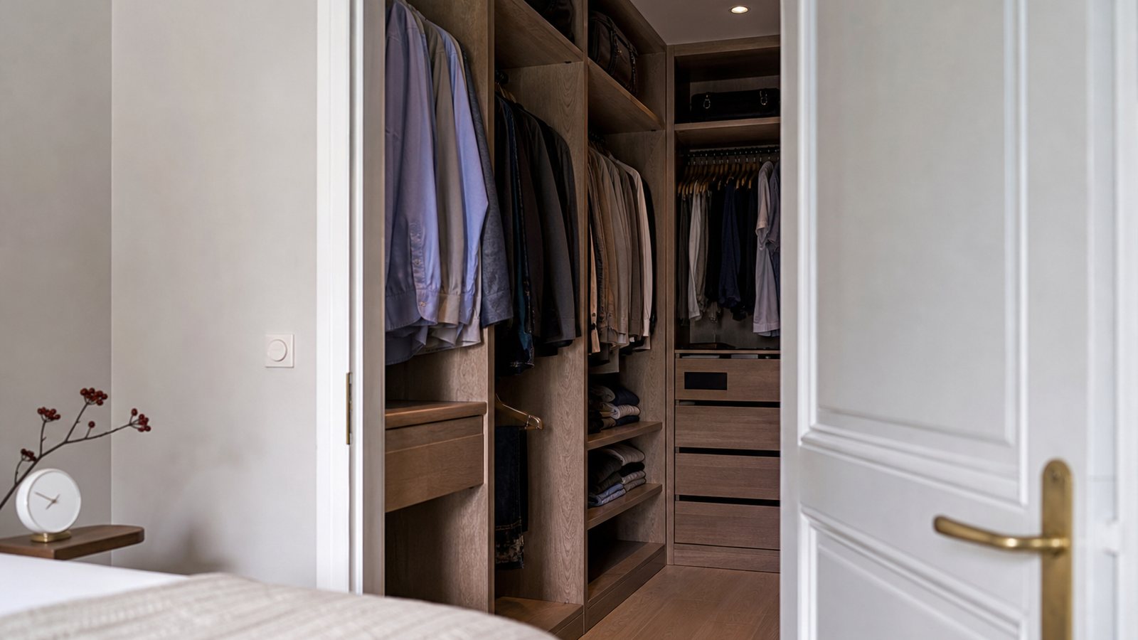Dressing d'angle sur mesure aménagé dans un petit espace sous une pente de toit