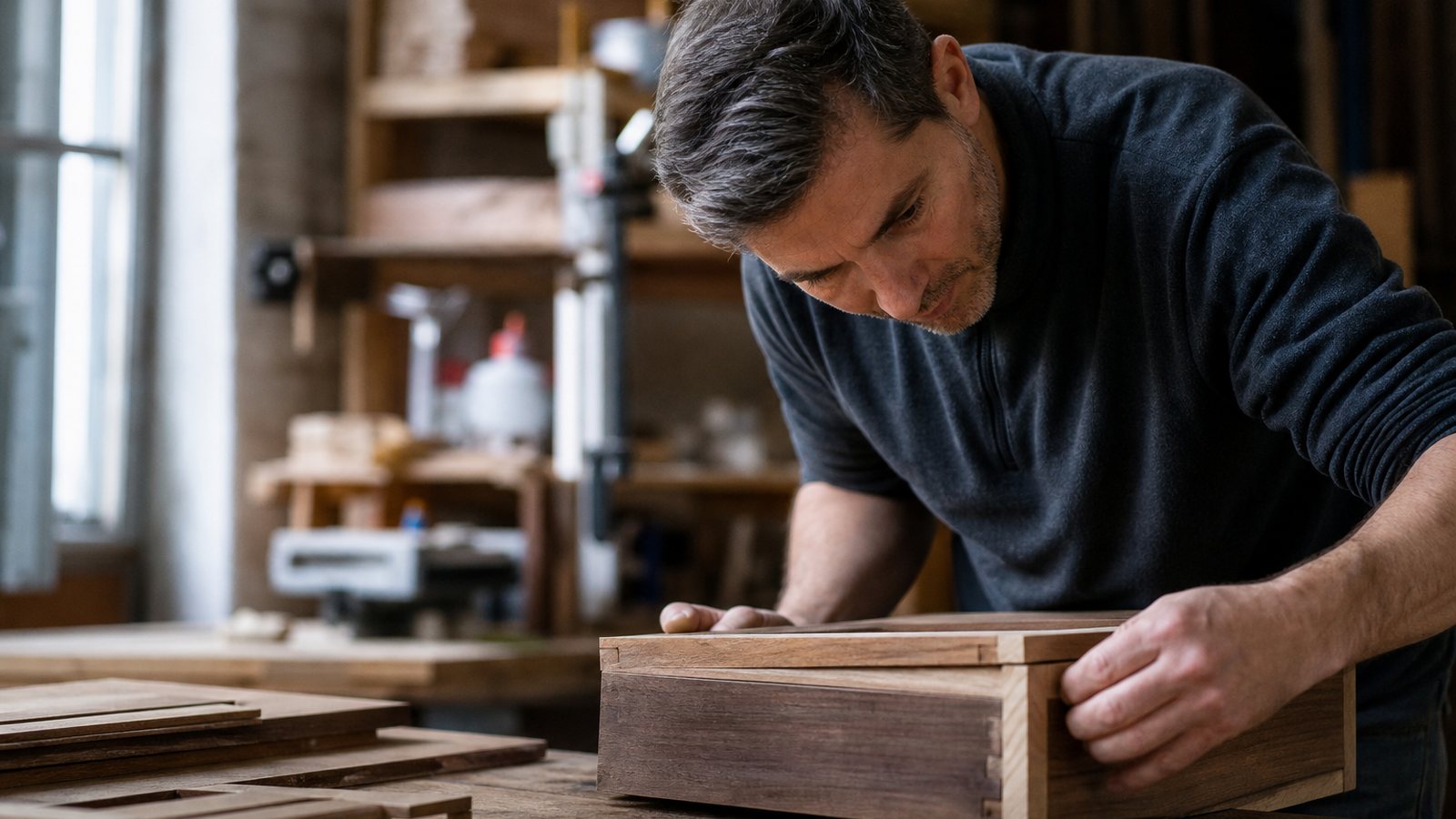 Ébéniste présentant un plan et des échantillons de bois à des clients dans son atelier