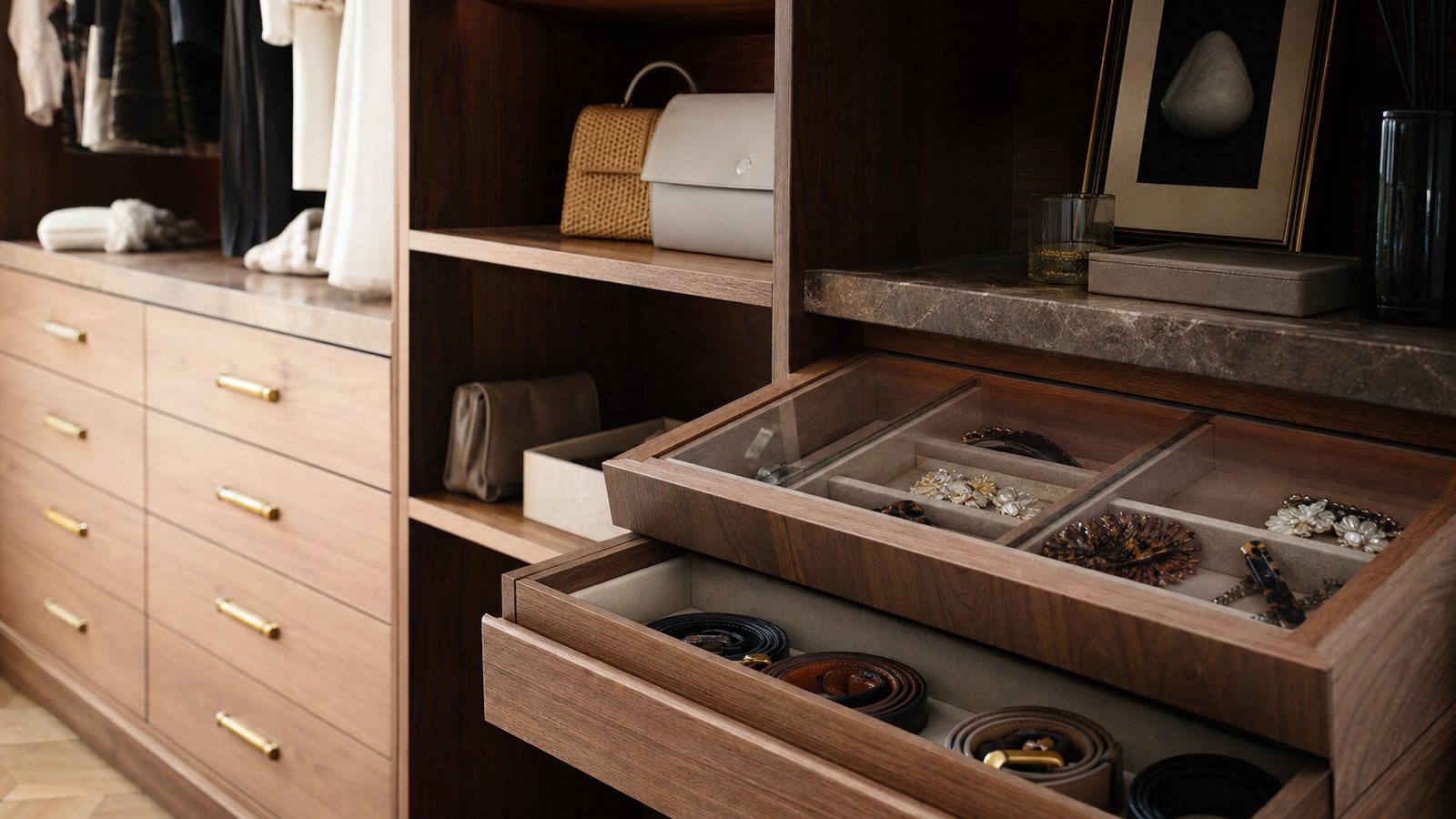 Intérieur de dressing sur mesure avec penderies, tiroirs plats et casiers à chaussures organisés