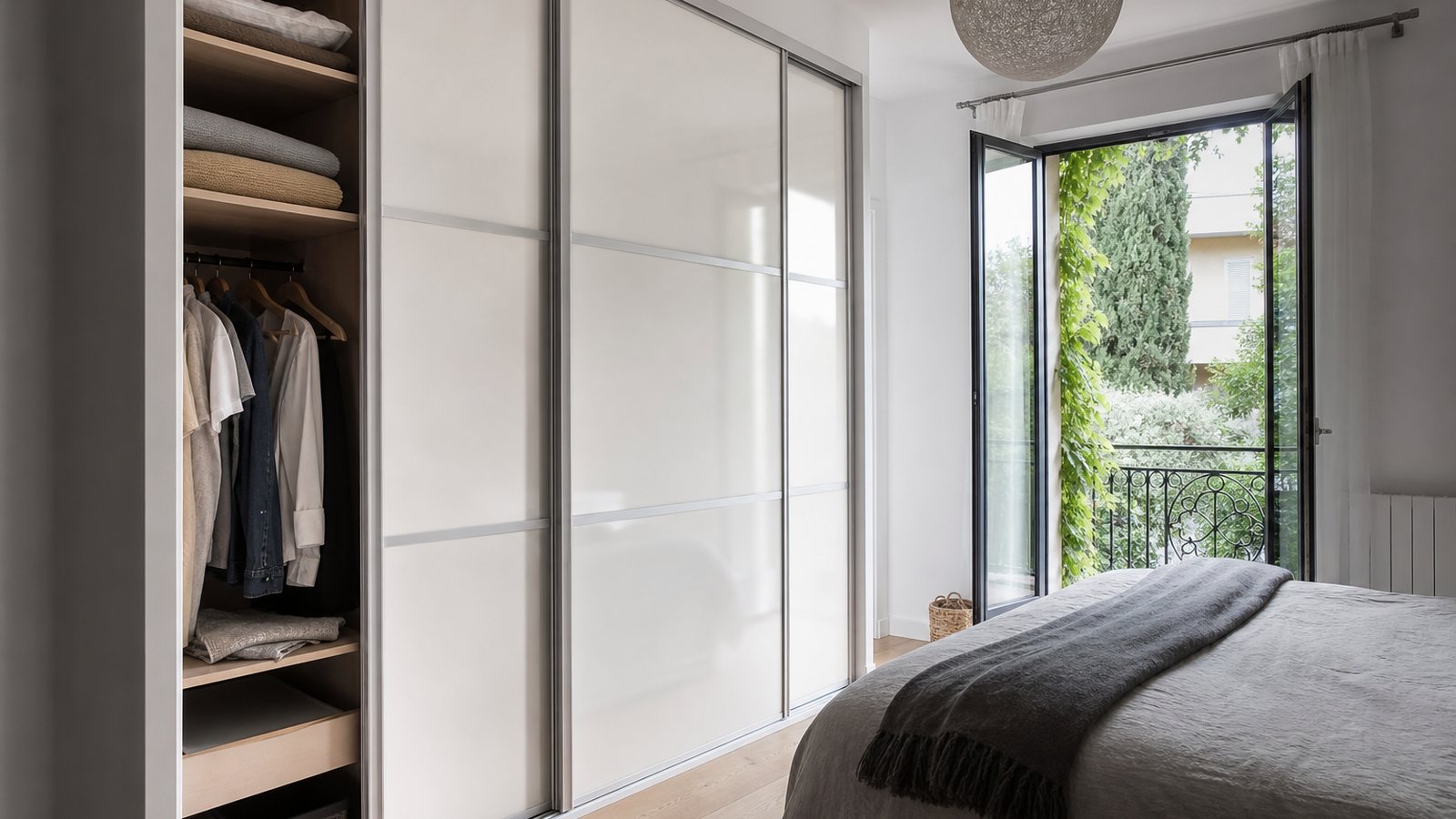 Dressing sur mesure associant des portes coulissantes en bois et une niche ouverte éclairée