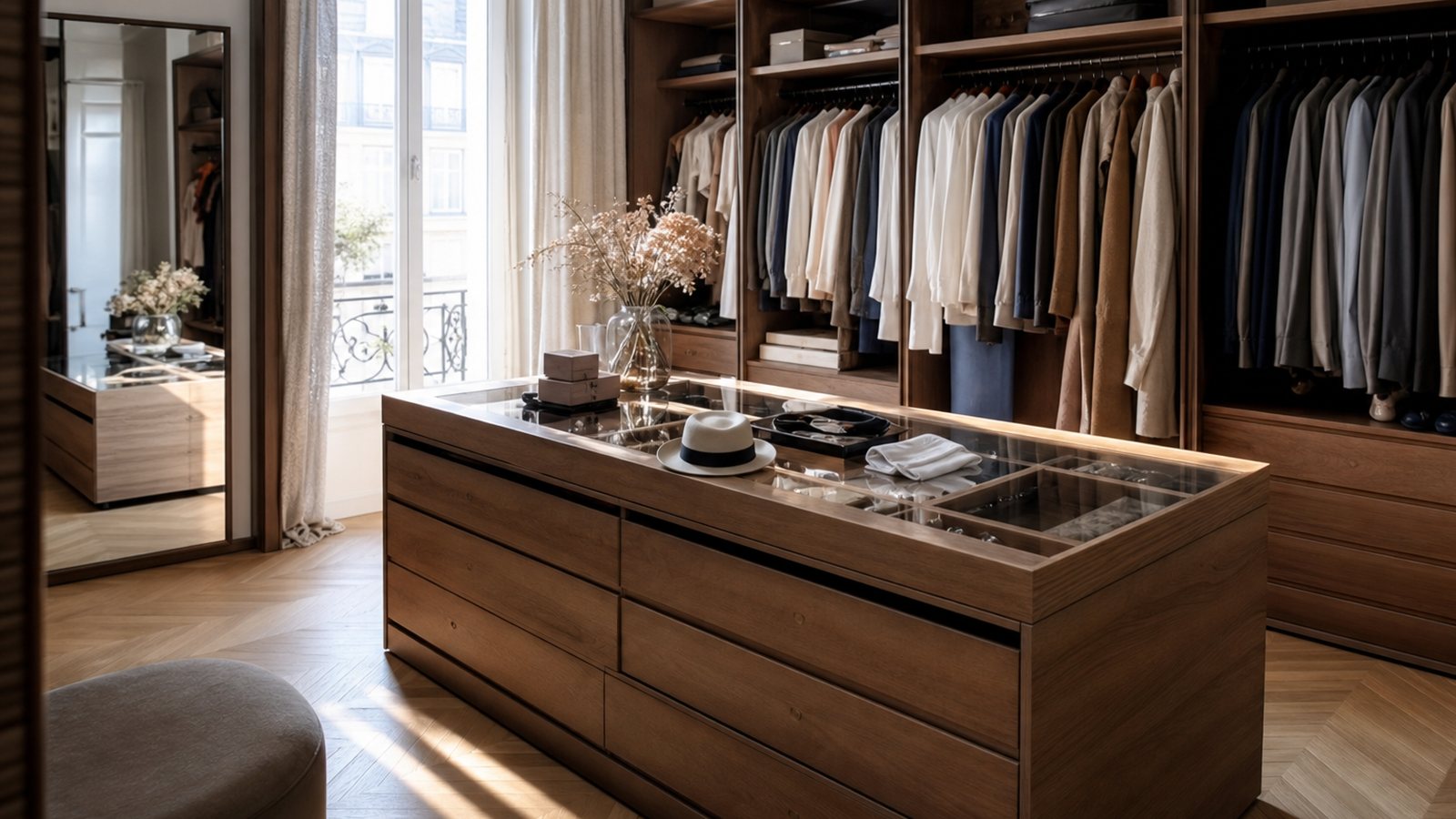 Suite dressing sur mesure en bois précieux avec îlot central et éclairage intégré