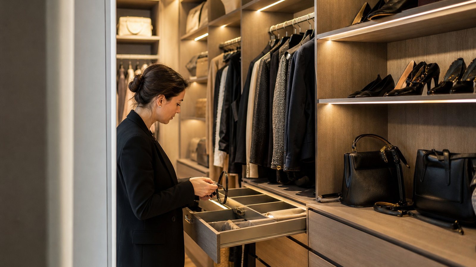 Dressing sur mesure éclairé par des réglettes intégrées sous les étagères et un miroir lumineux