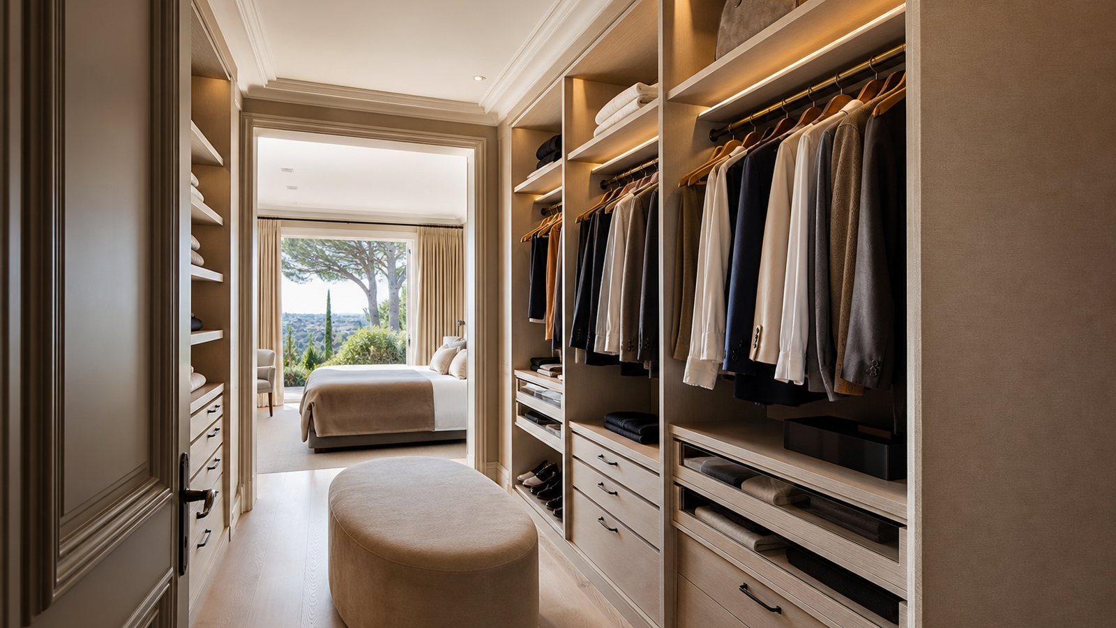 Dressing sur mesure haut de gamme en bois avec éclairage intégré